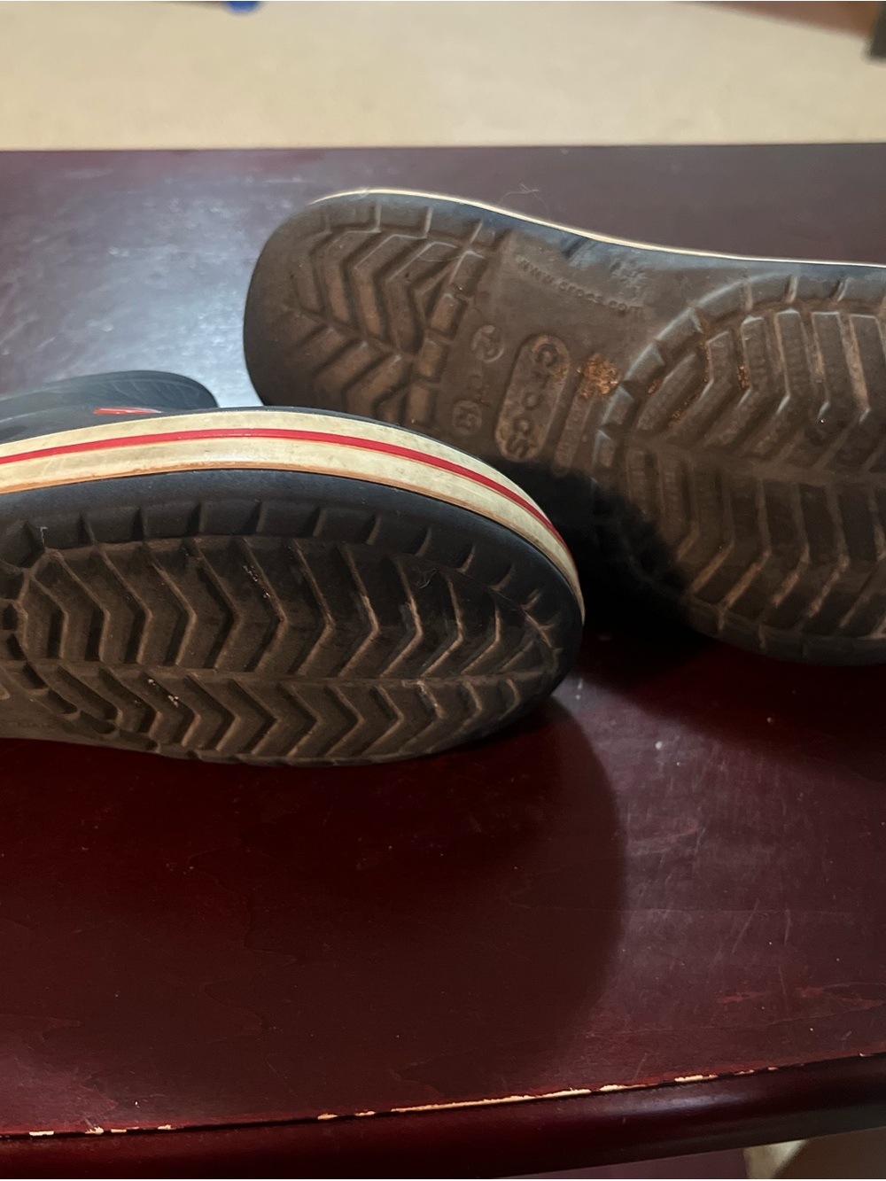 CROCS Kids Blue Clogs with Red and White Stripe Detail - Picture 2 of 2